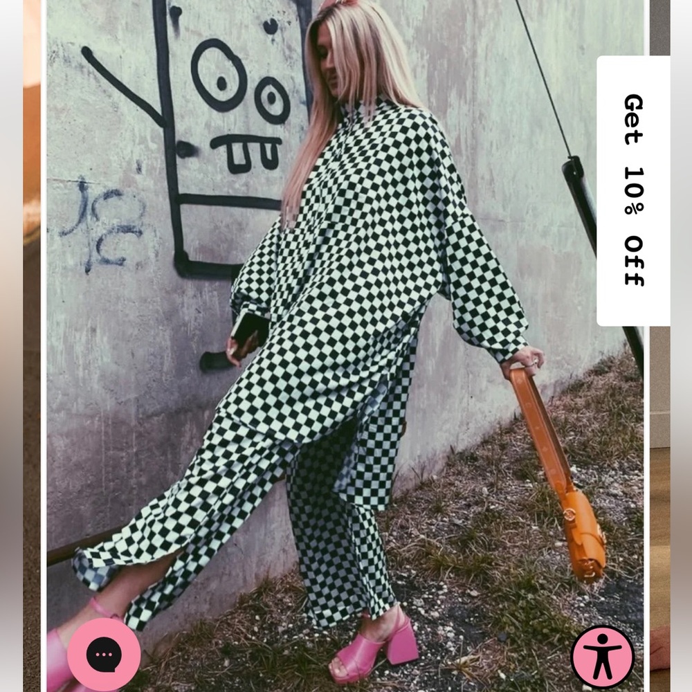 Dressed in LALA Black and White Checkered Long Silk Blouse.